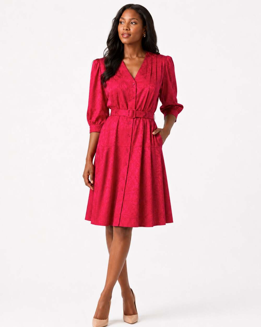 Vintage 80s Argenti Raspberry Silk Jacquard Shirtdress Belted Dress